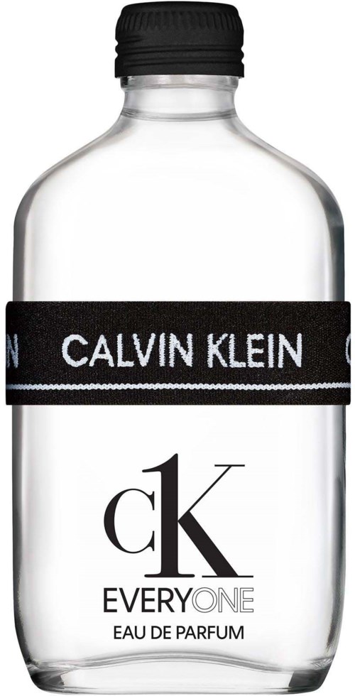 Doorzichtige glazen fles met zwart etiket en dop, Calvin Klein-logo, en tekst: every one, eau de parfum.