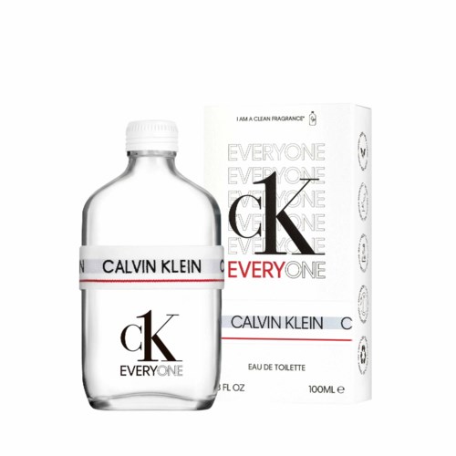 Een Calvin Klein parfumfles met label 'Everyone' en doos met vergelijkbare ontwerp.