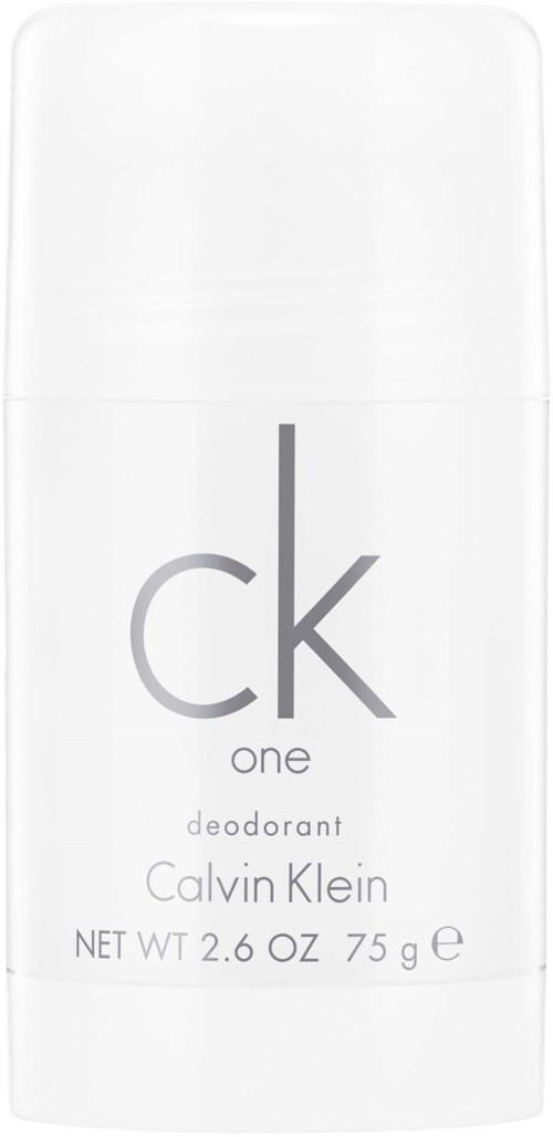 Witte Calvin Klein deodorantstick met grijze en zwarte tekst, gemarkeerd 'ck one' en 'deodorant'.