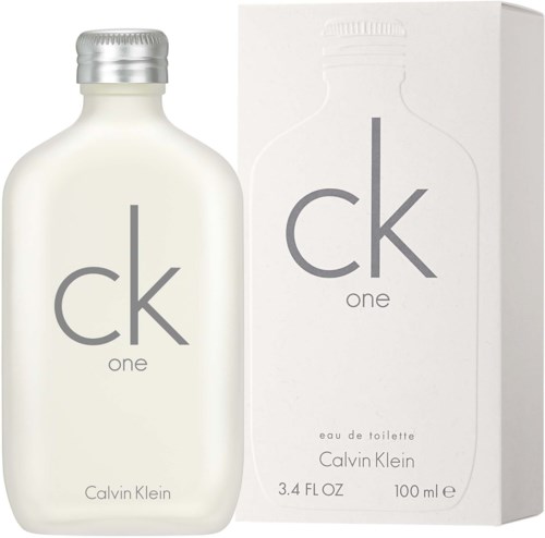 Calvin Klein CK One parfumfles en doos, beide voornamelijk wit met eenvoudige grijze tekst, 100 ml.