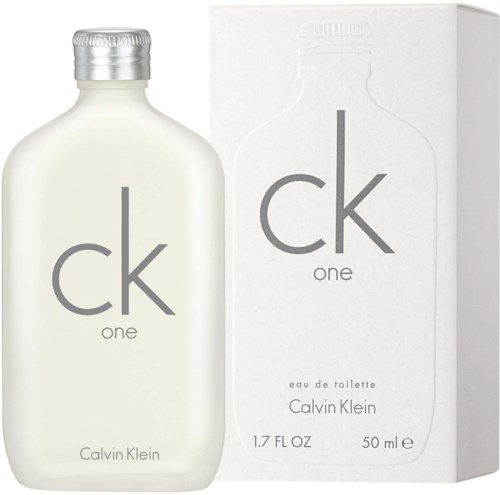 Een wit parfumflesje met zilveren deksel en bijbehorende doos, gemerkt 'ck one' door Calvin Klein, 50 ml.