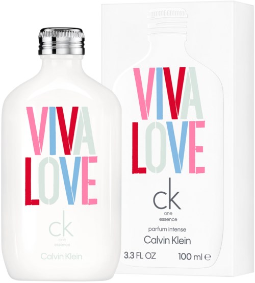Een witte fles met kleurrijke tekst saying "VIVA LOVE" en een doos op de achtergrond. De fles is Calvin Klein parfum.