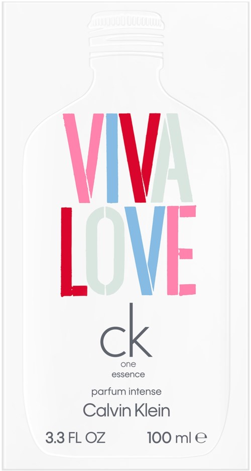 Een wit Calvin Klein parfumfles met kleurrijke, vette letters: VIVA LOVE.