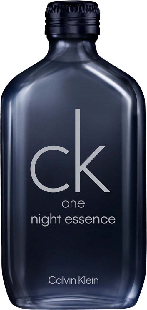 Een donkerblauwe fles met CK One Night Essence van Calvin Klein.