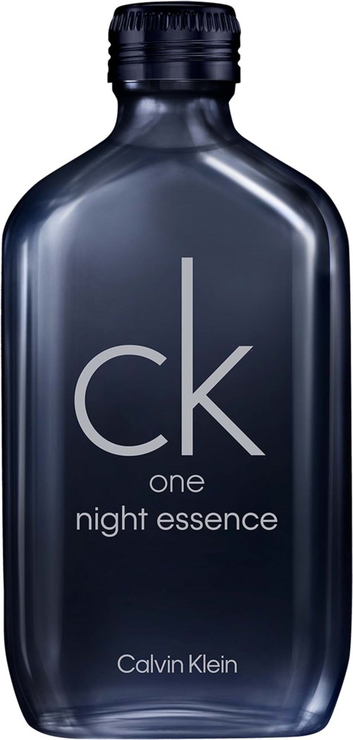 Een donker glazen fles met CK one night essence van Calvin Klein.