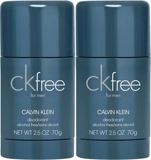 Twee blauwe deodorantstaafjes met 'CK Free for Men' van Calvin Klein.