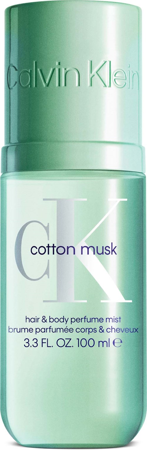 Calvin Klein Cotton Musk parfyme mist i en lys grønn flaske med lilla og mørk blå tekst.