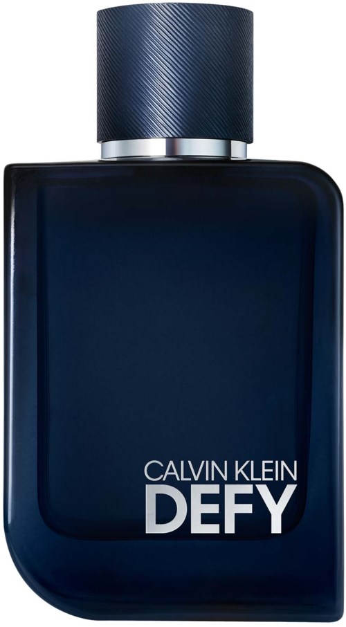 Donkerblauwe Calvin Klein Defy parfumbottle met een getextureerde dop.