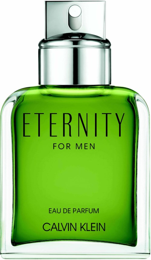 Groene parfumfles met 'Eternity for Men' door Calvin Klein met zilveren dop.