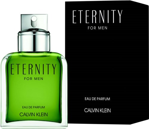 Een groene parfumfles met het label "Eternity for Men" en de zwarte doos ernaast.
