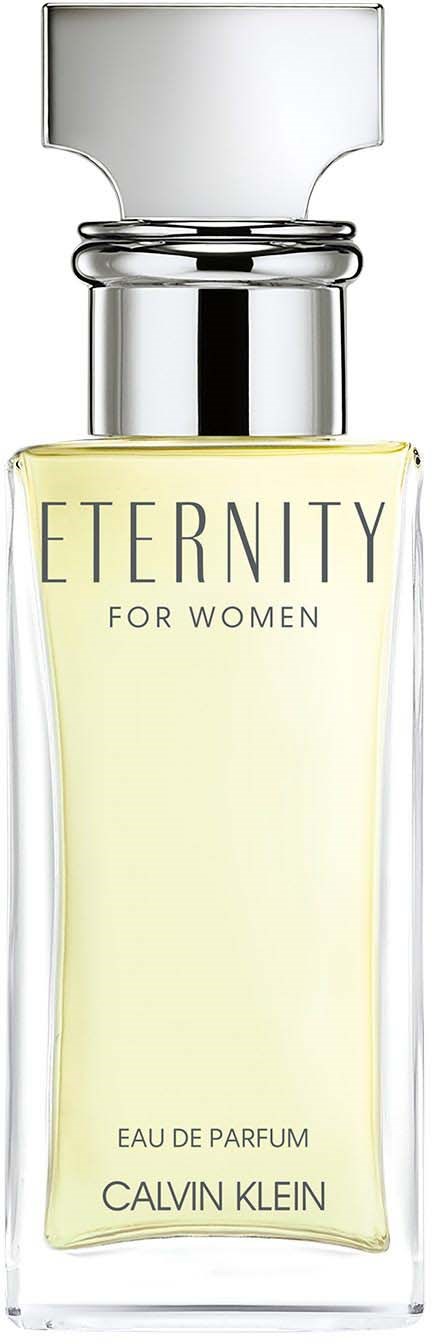 Een parfumfles met het label 'Eternity for Women' van Calvin Klein, met een doorzichtige glasontwerp en lichtgele vloeistof binnen.