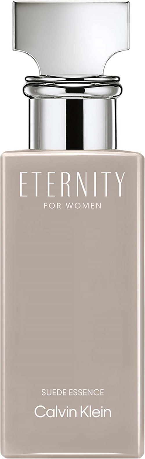 En beige parfymeflaske merket Eternity for Women, Calvin Klein, med en sølvhette.