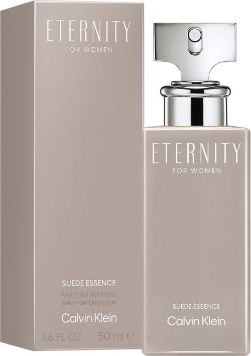 Calvin Klein Eternity for Women Suede Essence parfymeflaske og eske i beige med sølv sprayhette.