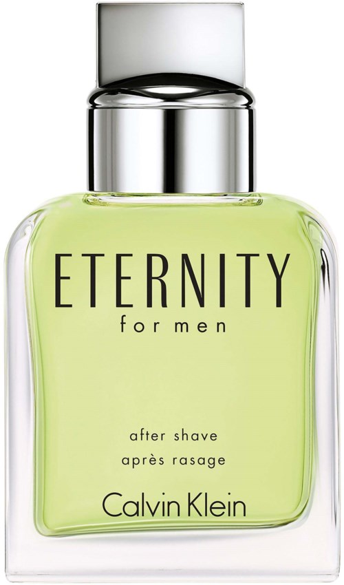 Klare Parfümflasche mit gelber Flüssigkeit, beschriftet 'ETERNITY for men' von Calvin Klein, mit silberner Kappe.