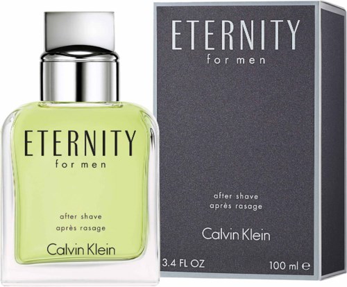 Eine Flasche grünlich gelbe Nachaftershave und eine dunkle graue Box mit 'Eternity for men' von Calvin Klein.