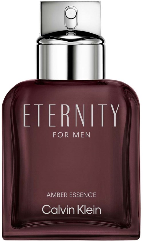 Een fles Calvin Klein Eternity for Men Amber Essence parfum, donker glas met zilveren dop.