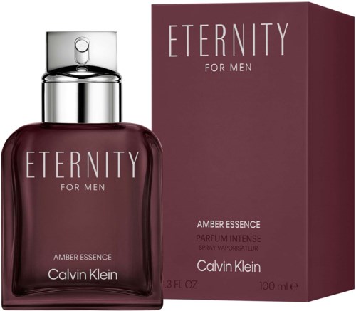 Een donkerrode Calvin Klein parfumfles en doos voor mannen, gelabeld 'Eternity Amber Essence', met een zilveren dop.
