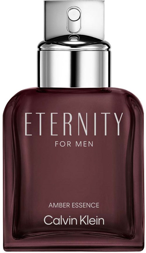 Een parfumfles met een donkerrode vloeistof, gelabeld 'Eternity for Men Amber Essence' door Calvin Klein.