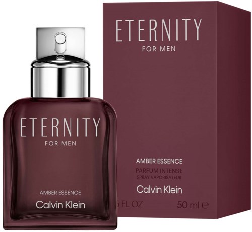Een parfumfles en doos met 'Eternity for Men,' 'Amber Essence,' van Calvin Klein, in donkerrood en zilver.