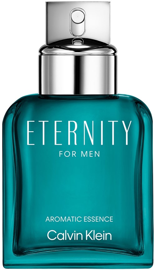Een blauwgroene glazen fles met spraydop, met het label "Eternity for Men" van Calvin Klein, bevat geur.
