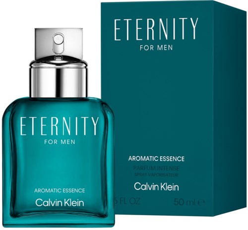 Een blauwe parfumbottle en bijpassend doosje voor herenparfum van Calvin Klein, met de labels "Eternity" en "Aromatic Essence."