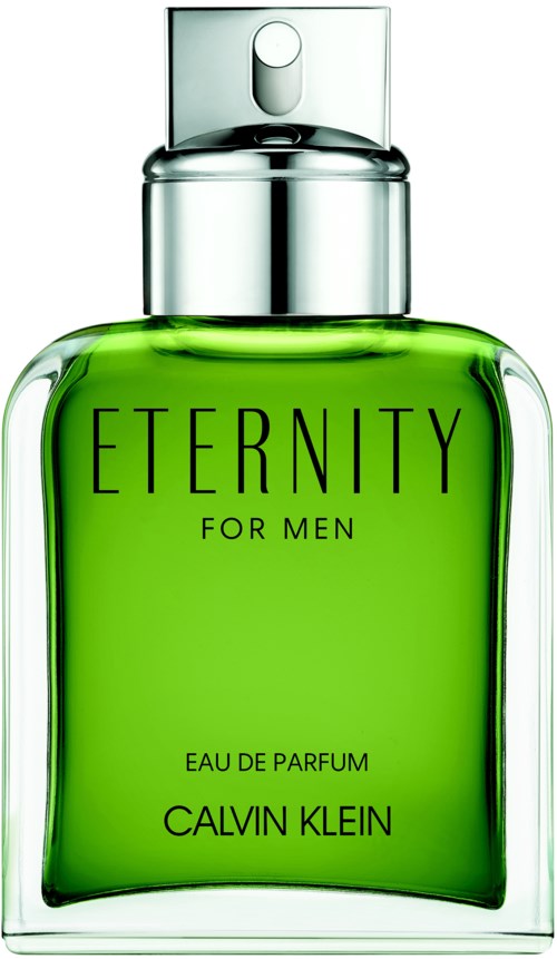 Een groene parfumfles met de tekst "Eternity for Men" door Calvin Klein met een doorzichtige dop.