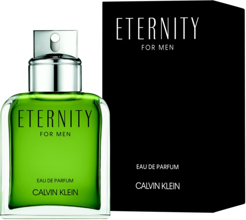 Een groene parfumfles met de label 'Eternity for Men' naast de zwarte doos.
