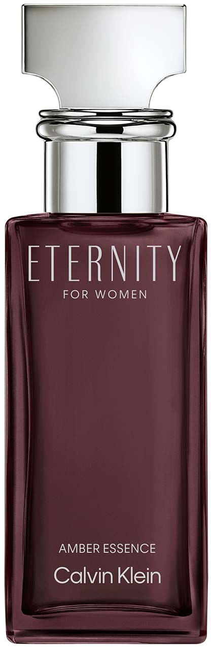 Een donkerpaarse parfumfles met label 'Eternity For Women' van Calvin Klein en een zilveren dop.