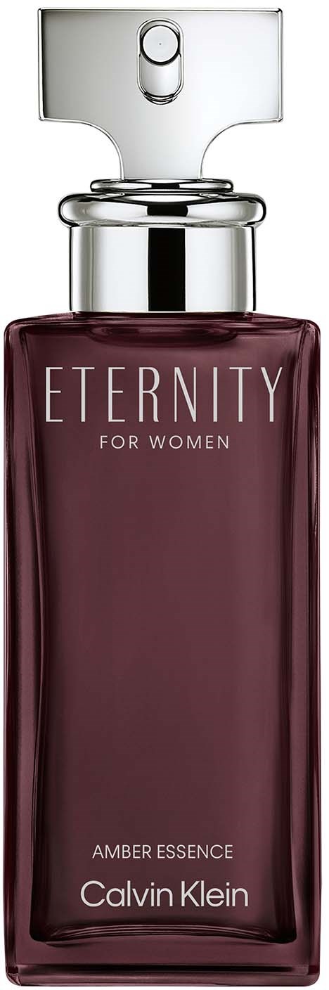 Een lange, paarse parfumfles met zilveren details. Het heeft een doorzichtig deksel en tekst die zegt "ETERNITY FOR WOMEN" en "Calvin Klein."