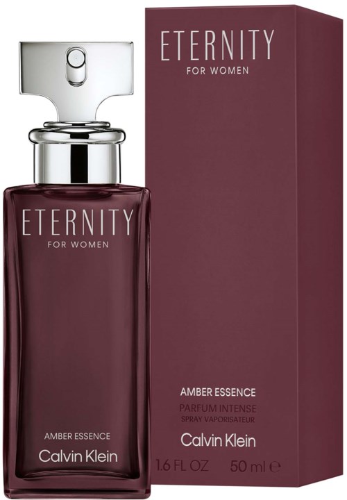 Een parfumfles met het label Eternity for Women en Amber Essence, met een bijpassend doosje in paars.