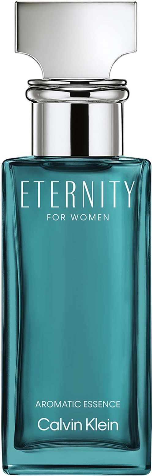 Een teal parfumfles met het label Eternity for Women van Calvin Klein met een zilveren dop.