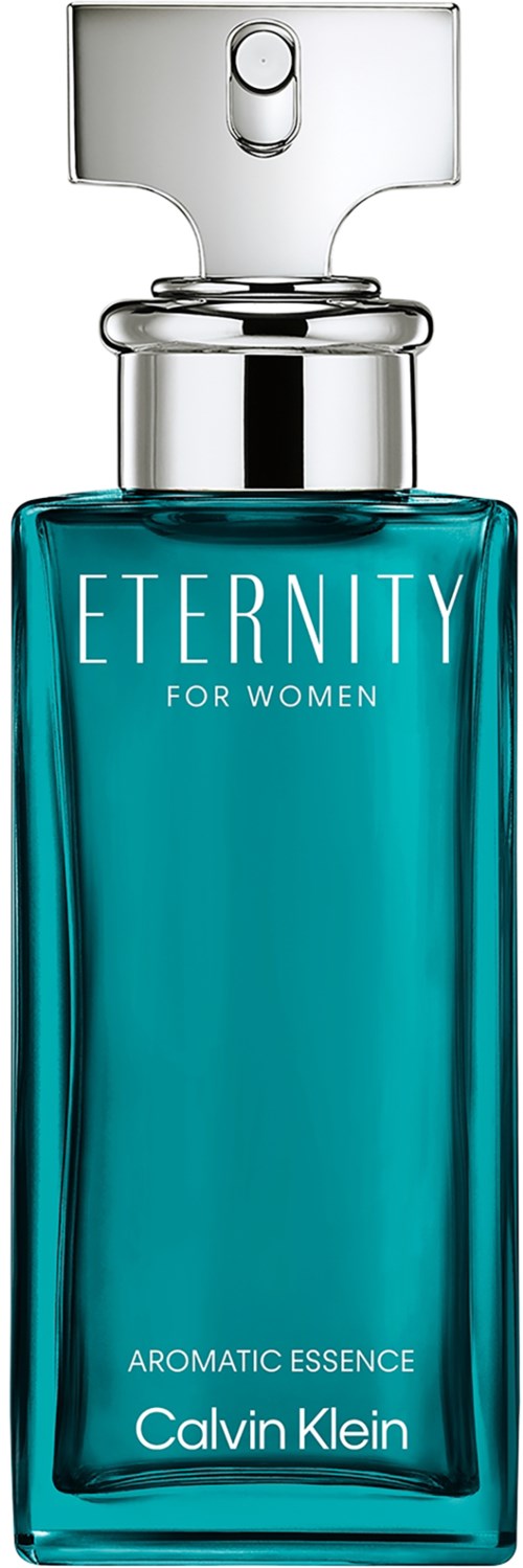 Een blauwe parfumfles met label "Eternity for Women" door Calvin Klein met een zilveren dop.
