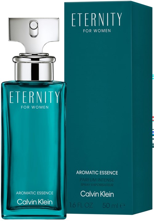 Een aquakleurige parfumfles met label 'Eternity for Women' en bijpassend doosje, beiden van Calvin Klein, parfumgeur.