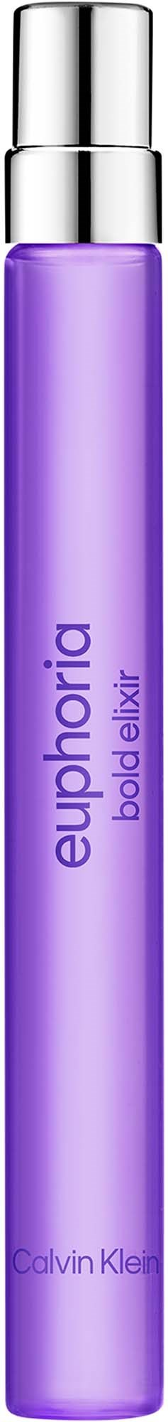 Een lange paarse fles met zilveren dop voor Bold Elixir parfum door Calvin Klein.