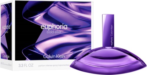 Een parfumfles met een paarse, gebogen ontwerp en bijpassende doos, gelabeld Calvin Klein Euphoria bold elixir.