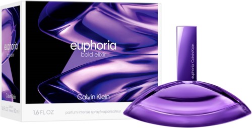 Een parfumdoos en fles met paarse en blauwe kleuren, genaamd euphoria bold elixir door Calvin Klein.