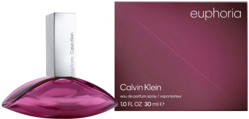 Calvin Klein Euphoria parfumfles en doos, roze vloeistof binnen, stijlvol en modern ontwerp.