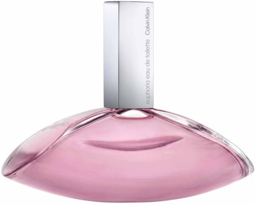 Een parfumfles met roze vloeistof en een zilveren dop, met de tekst 'euphoria eau de toilette Calvin Klein'.