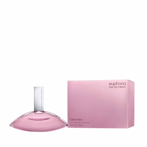 Een roze parfumfles en bijpassend doosje met de woorden "euphoria" en "Calvin Klein".
