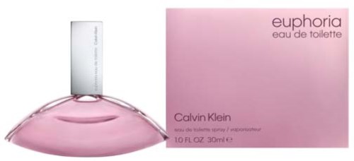 En rosa parfumburk med ett silverlock och rosa box märkt 'euphoria' av Calvin Klein.