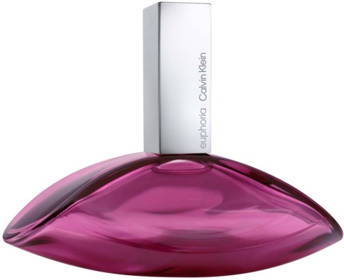 Een roze parfumfles met zilveren deksel, ronde basis en merknaam Euphoria Calvin Klein.
