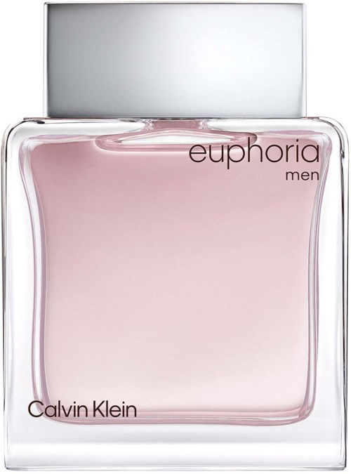 Een glazen parfumfles met rozeachtige vloeistof, zilveren dop en tekst 'euphoria men' en 'Calvin Klein'.