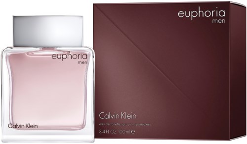 Een fles Calvin Klein Euphoria Men parfum en het bijpassende doosje, beide in lichtroze en donker bordeauxrood.