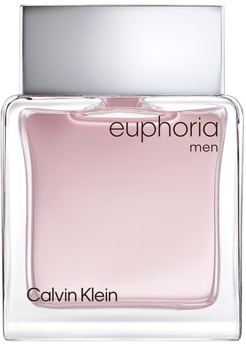 Een doorzichtige parfumfles met roze vloeistof, gemarkeerd 'Euphoria Men' door Calvin Klein.