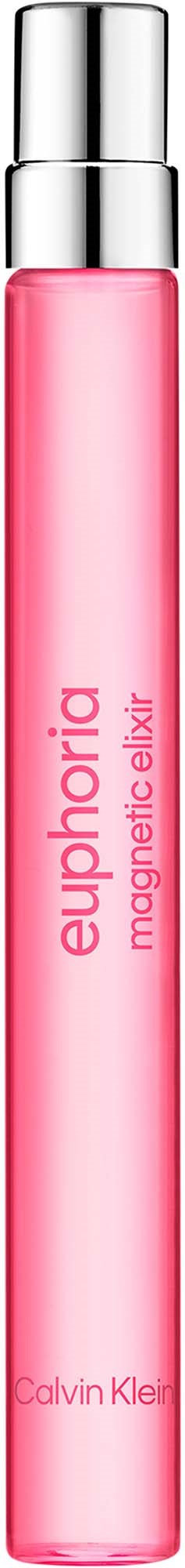 Een roze cilindervormige fles met een zilveren dop, gelabeld Euphoric Magnetic Elixir door Calvin Klein.
