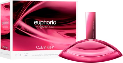 Roze en zwarte doos met parfumfles en verpakking, gelabeld Calvin Klein Euphoria magnetic elixir, 3.3 FL OZ.