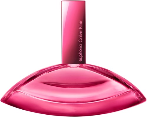 Een roze parfumfles met een ronde, lipvormige uitstraling en een lange, rechthoekige dop. De tekst zegt Jusqu'a Calvin Klein.