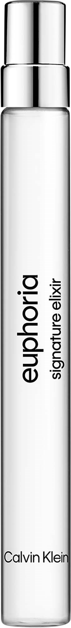 A tall, slim white perfume bottle with silver cap, labeled euphoric signature elixir by Calvin Klein.
