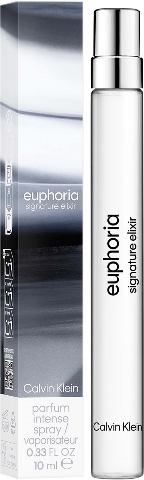 Euphoria Signature Elixir perfume spray in a tall white bottle with silver cap, next to its silver and black packaging.