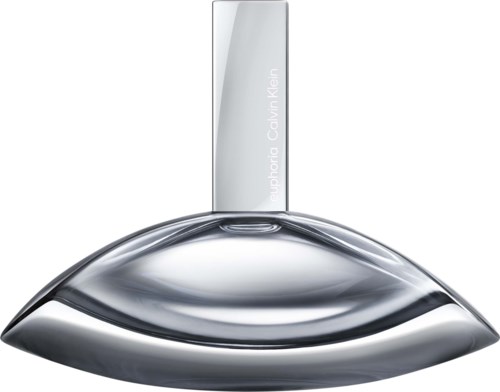 Perfume bottle with a sleek, silver cap and a shiny, curved glass body.